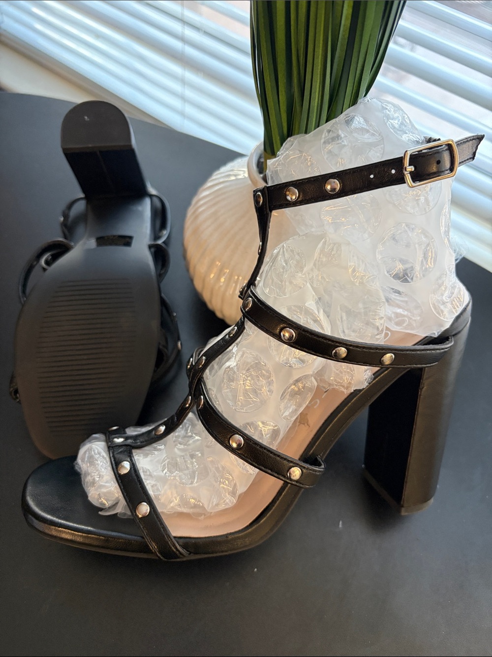 Black Studded Strappy Block Heel Sandals - Women